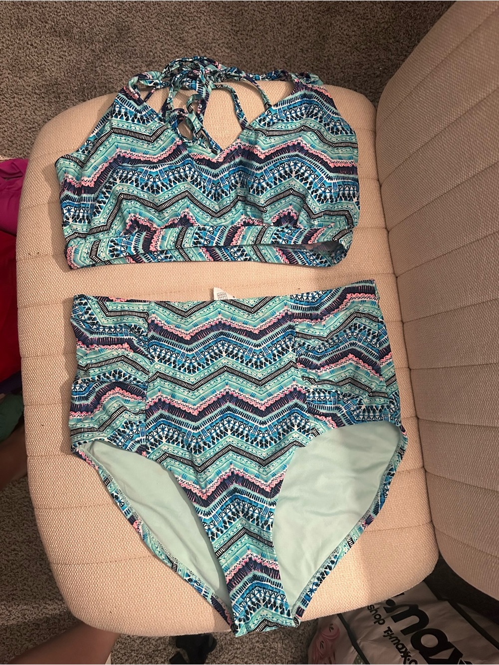 Forever 21 Teal Blue Pink High-Waist Bikini Set